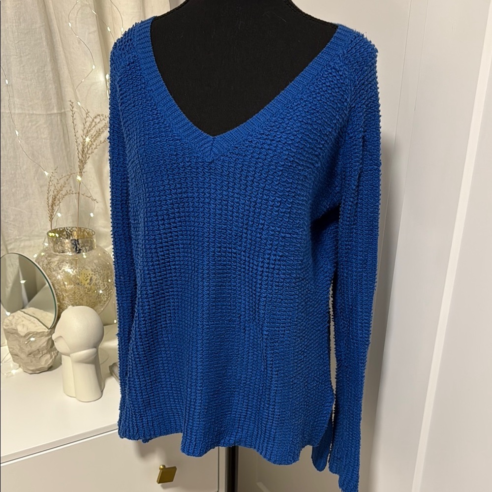 BCBG Blue V-Neck Sweater with Textured Knit